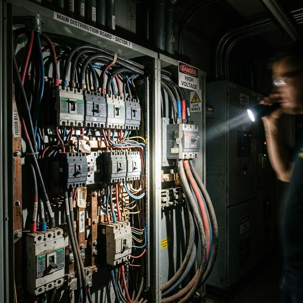 Electrical switchboard at night
